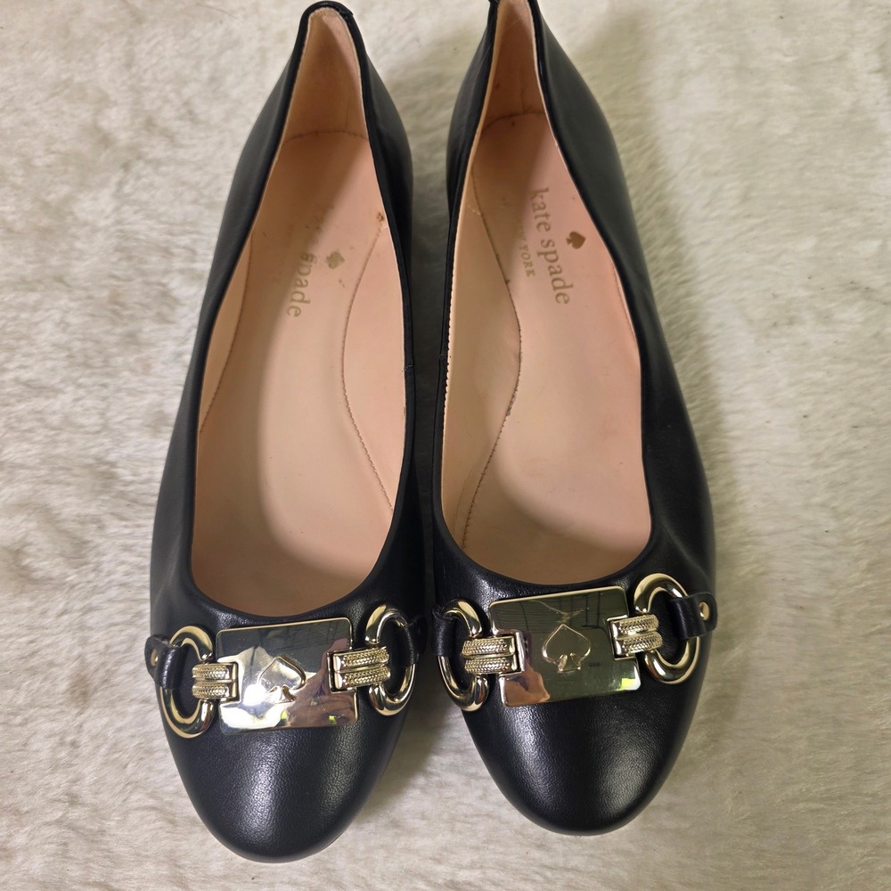Kate Spade Payton Ballerina Flats Black Leather Gold Hardware Women 7B Excellent